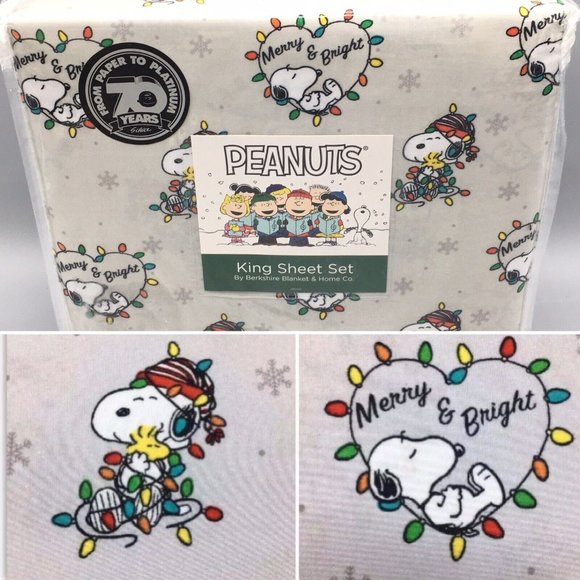 4pc Berkshire Peanuts Christmas Lights Heart KING Sheet Set Snoopy Woodstock NEW